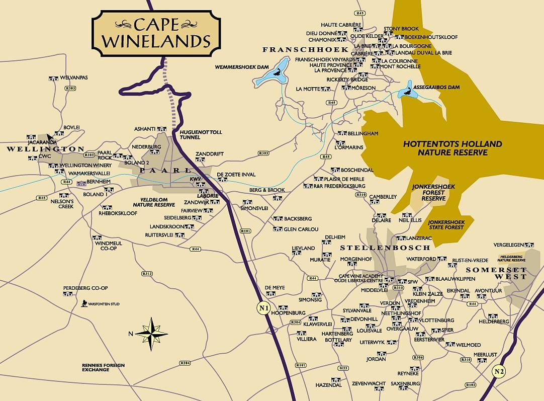 mapa Kapského Města, winelands