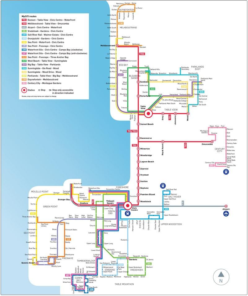 Kapské Město myciti autobus mapa tras