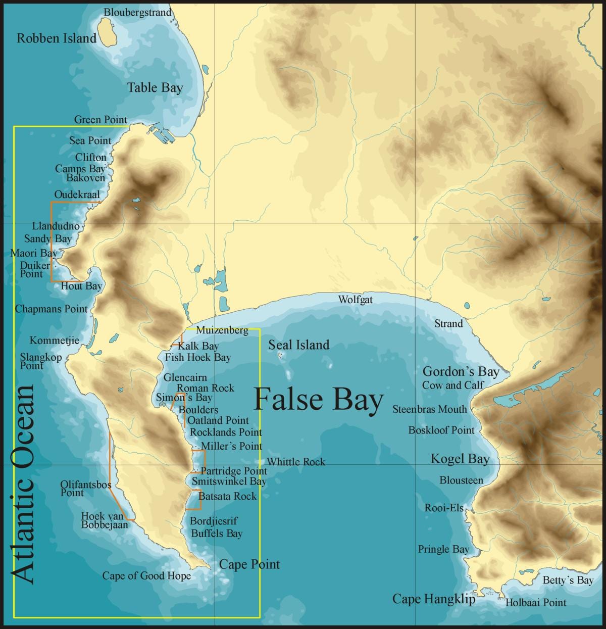 mapa false bay, Kapské Město