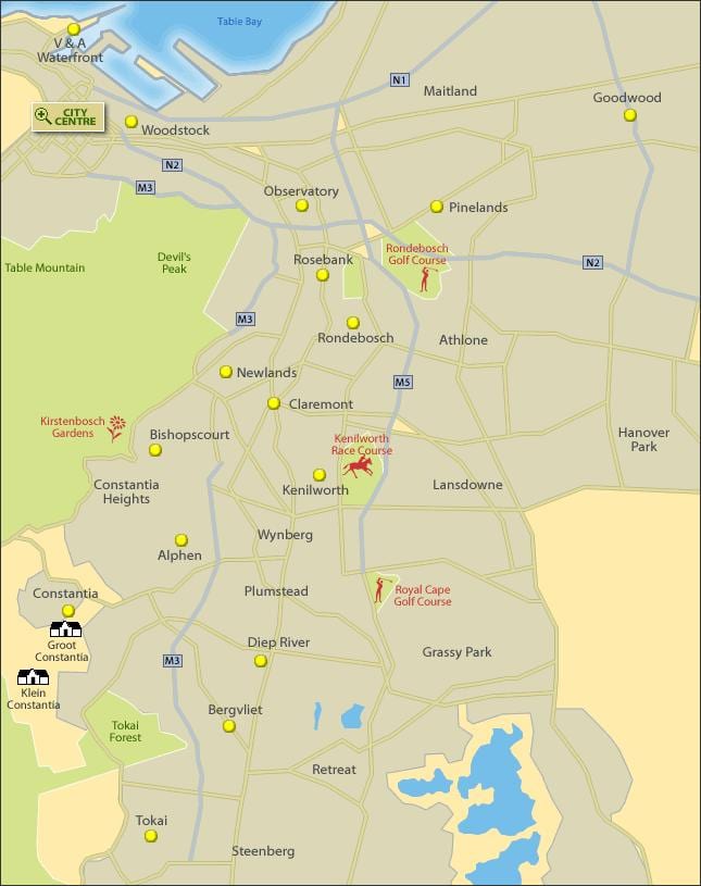 mapa Cape Town southern suburbs