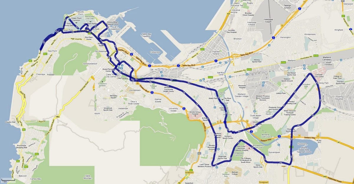 mapa Kapského Města marathon trasu 