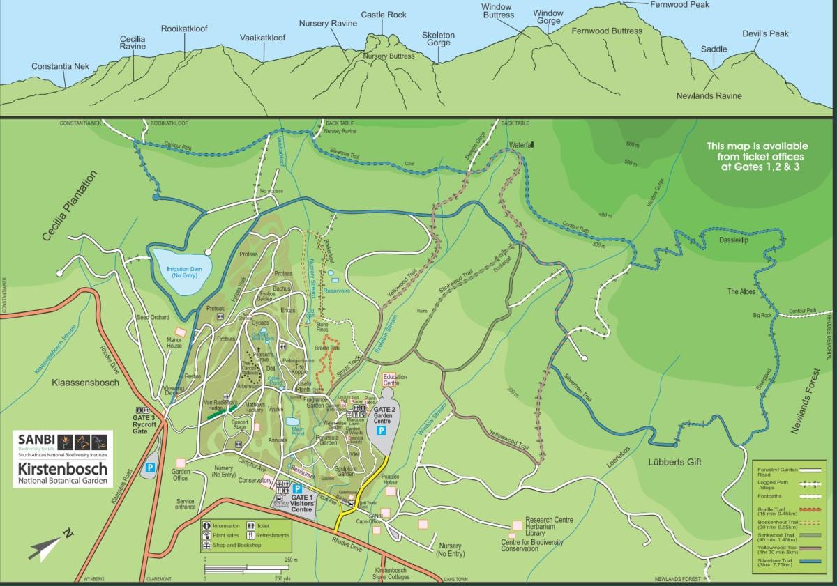 kirstenbosch botanické zahrady mapě