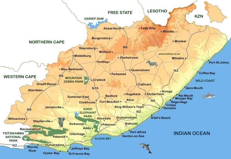 mapa eastern Cape Města