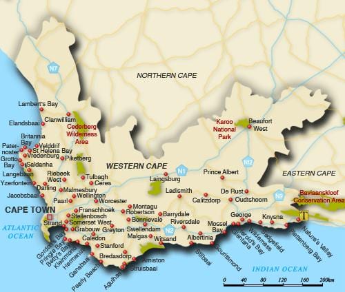 western cape pláže mapě