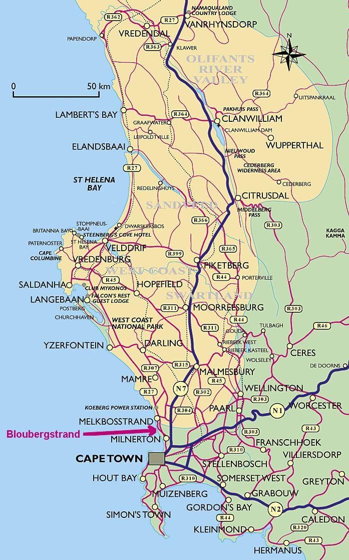 mapa západní pobřeží Kapské Město
