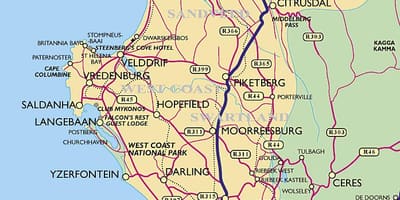 Mapa západní pobřeží Kapské Město